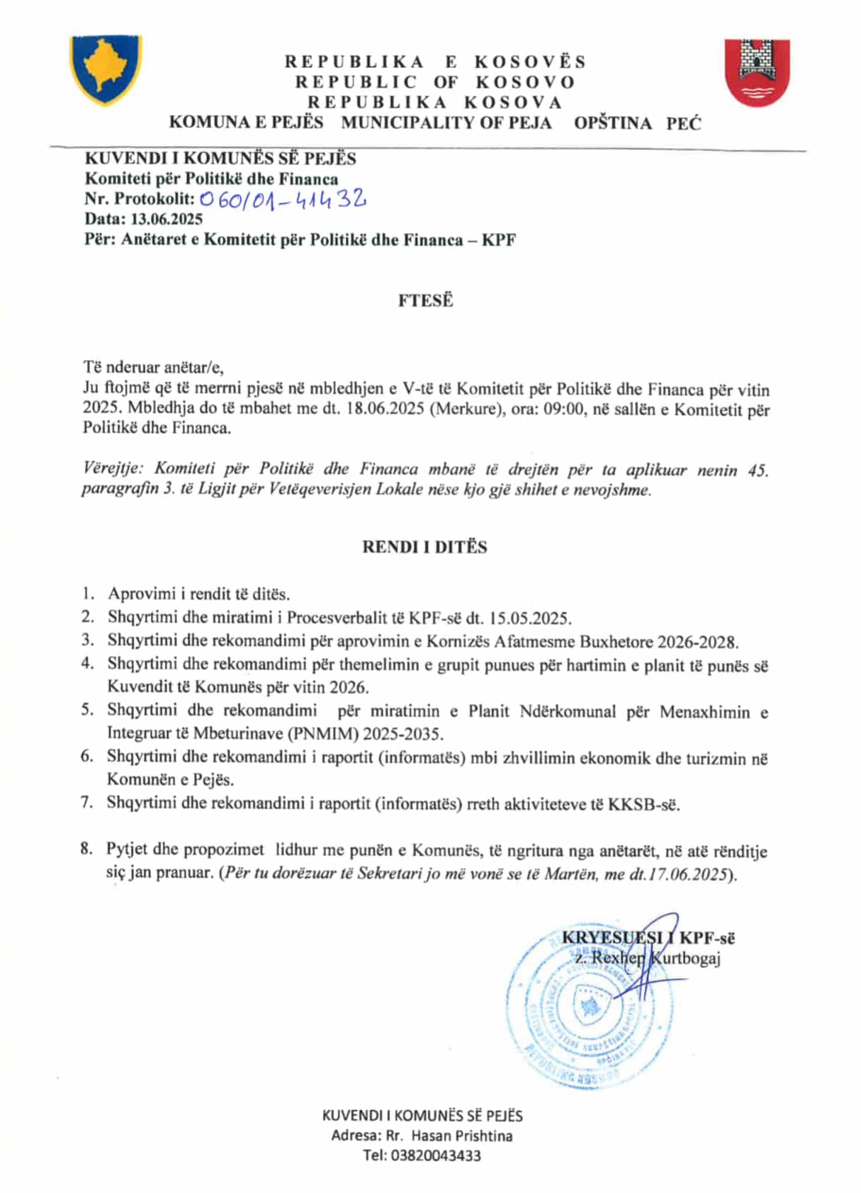 Njoftim – Takimi i Komitetit për Politik dhe Financa
