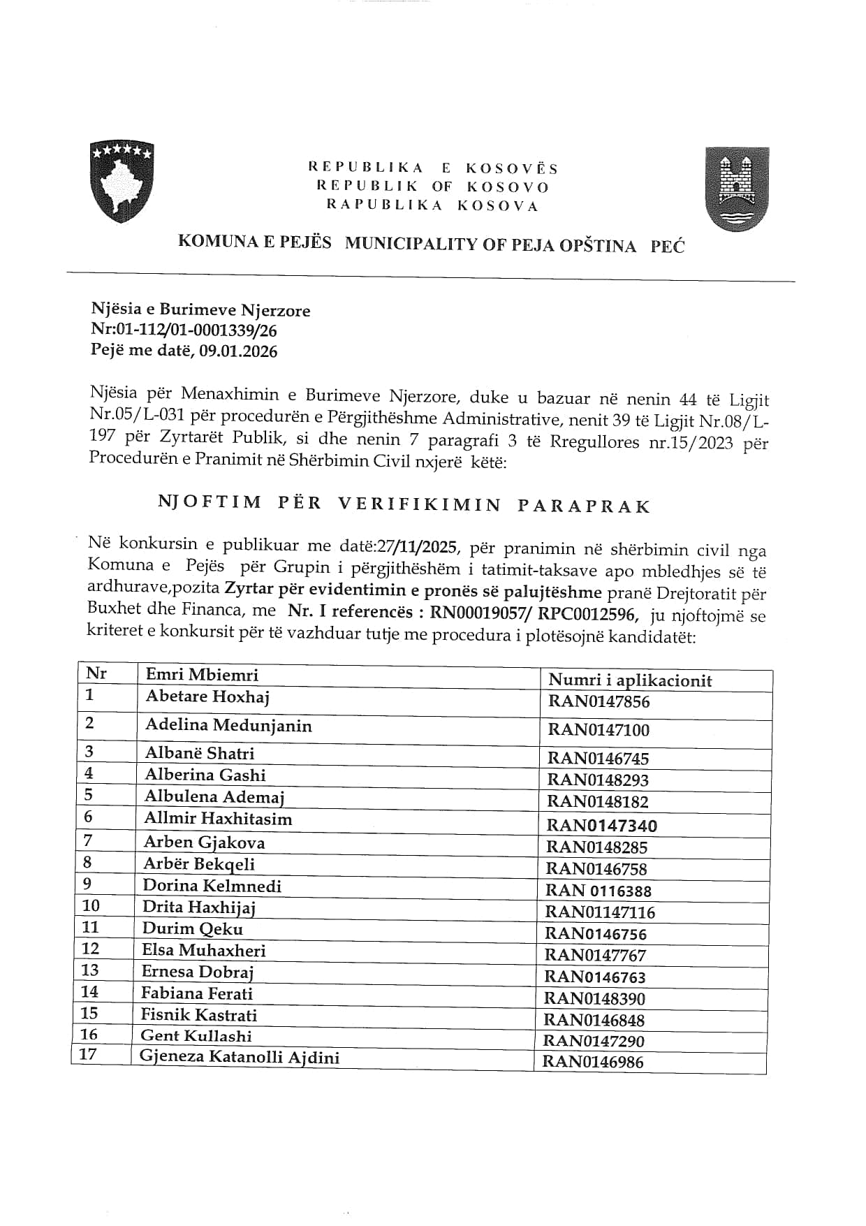 NJOFTIM PËR VERIFIKIMIN PARAPRAK